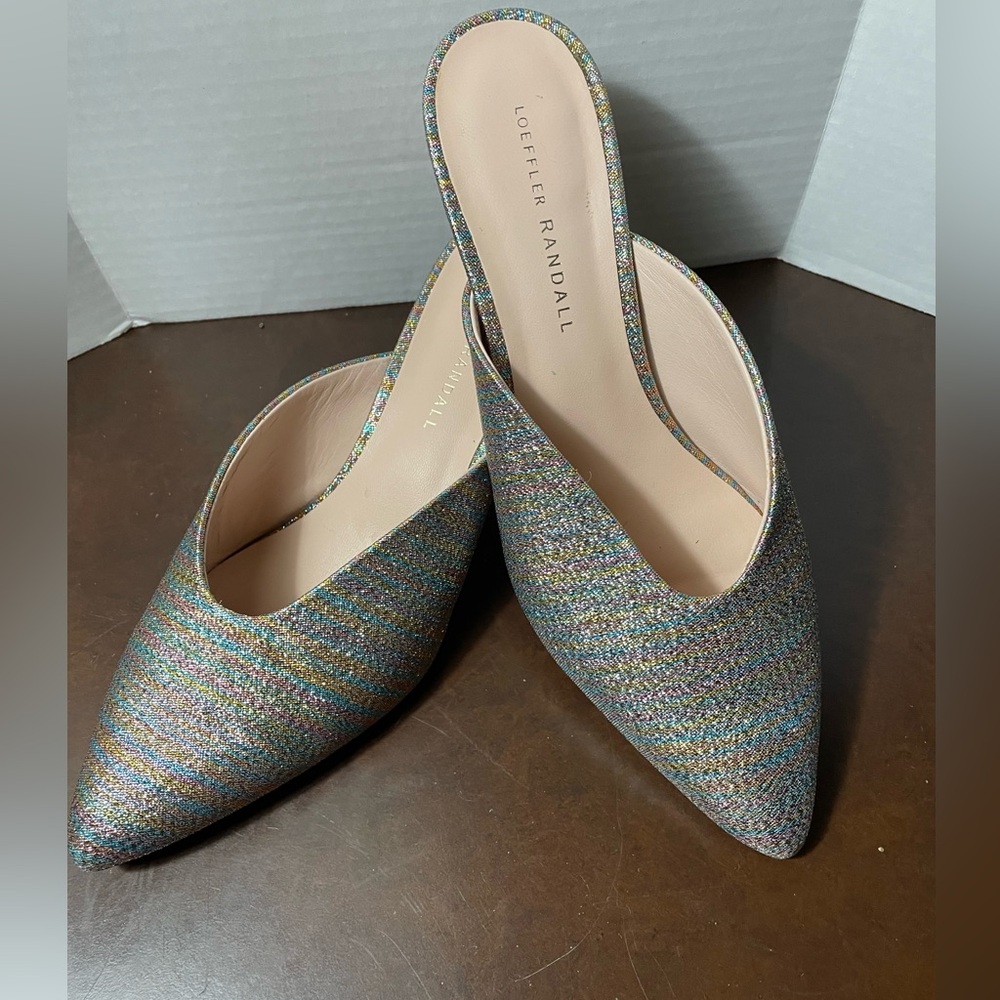Loeffler Randall Juno Rainbow Kitten Heel Slide Glitter Stripe Sz 8 MSRP $375